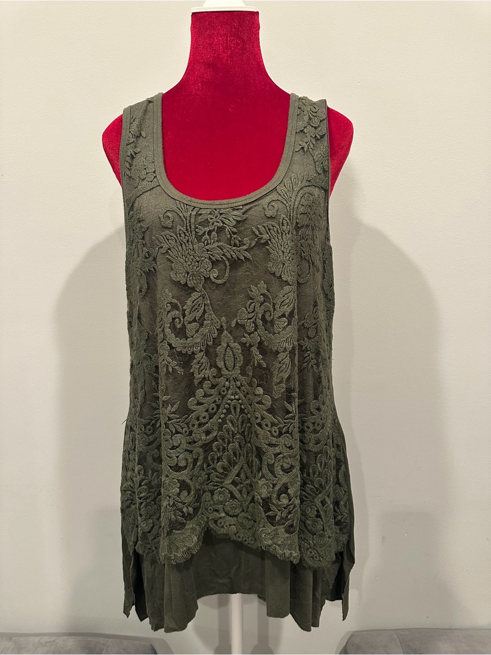 Karen Kane Olive Green Embroidered Layered Tank